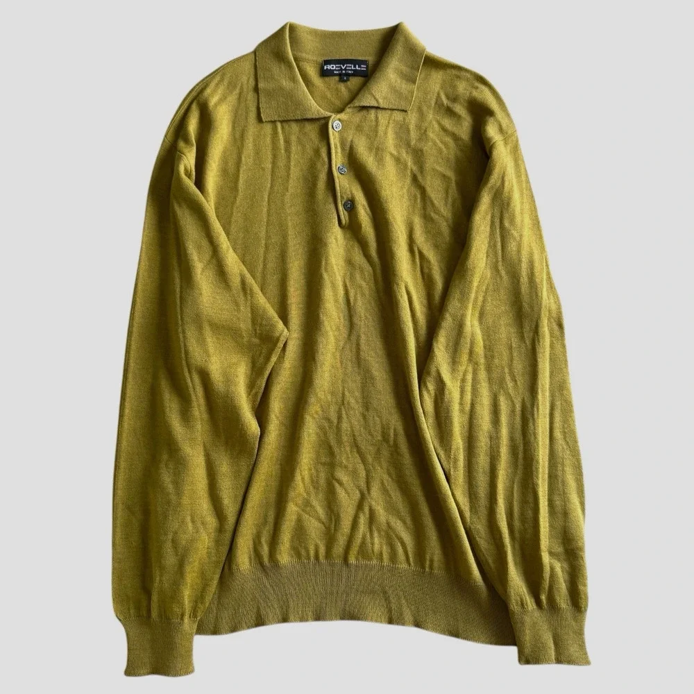 Roevelle VTG‎ 90s Three Button Polo Sweater L Lightweight Wool Moss Green Italy
